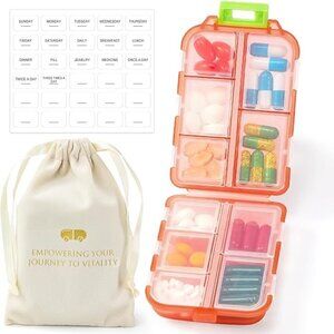 Travel Pill Organizer w Labels & 1 Drawstring Pouch (PEACH) / BRAND NEW SEALED.